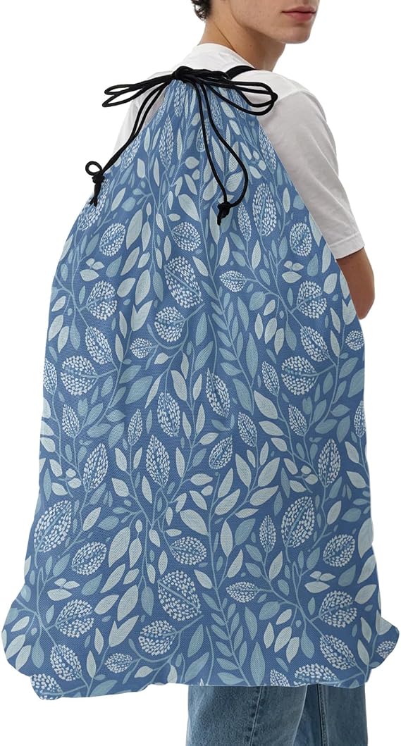 Nature Textural XL Laundry Bag Boho Blue Leaves Vines Plant Machine Washable Large Capacity with Black Drawstring Dirty Clothes Organizer for Laundromat and Household