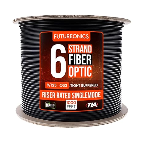 6 Fiber Indoor/Outdoor Fiber Optic Cable, OS2 9/125 Singlemode, Corning, Black, Riser Rated, Spool, 1000 Foot