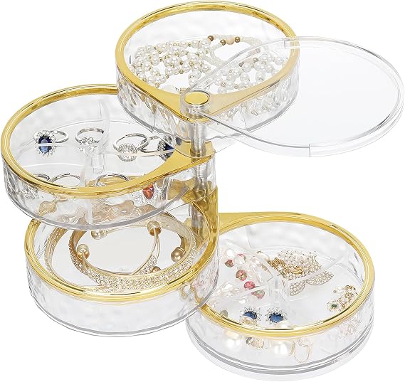LETURE 4-Layers Rotatable Jewelry Organizer Storage Box, Clear Jewelry Holder Case for Ring Earring Necklaces Bracelets Makeup Hair Accessories