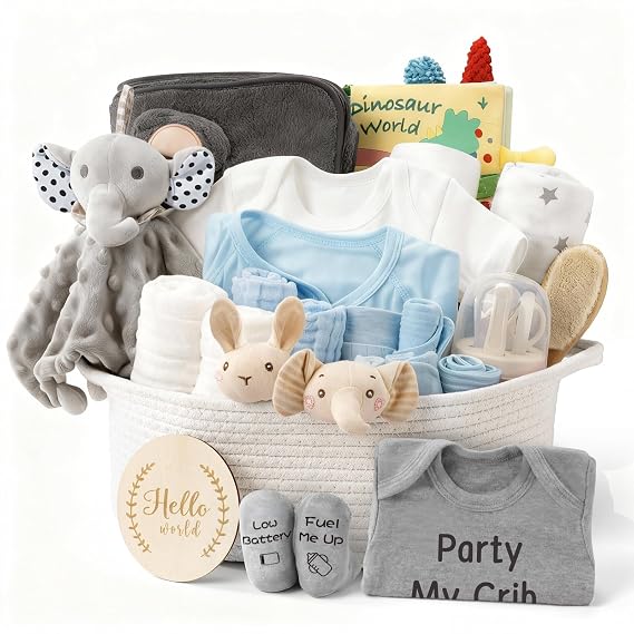28 Piece Baby Shower Gifts for Boys, Baby Essentials for Newborn, Large Baby Boy Gift Basket, Gender Reveal Gifts, Baby Registry Search, Diaper Caddy Organizer (Blue)