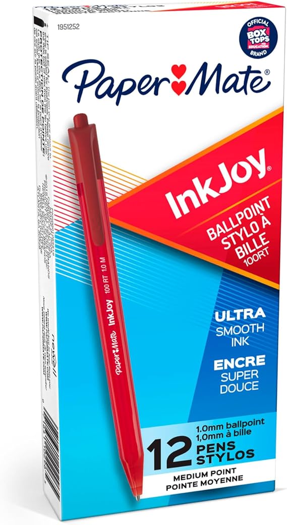 Paper Mate InkJoy 100RT Ballpoint Pens, Retractable, Medium Point (1.0mm), Red Ink, 12 Count - Ultra Smooth Ink, Teacher Supplies