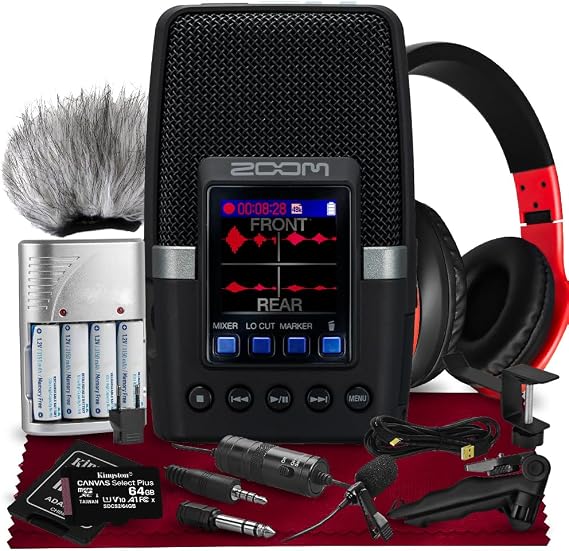 Zoom H2essential Multi-Mic Handy Recorder, 32-Bit Float, Portable Recorder with 3 Built-in Microphones + Headphone w/Mic, USB Cable, Handgrip Tripod, Fur Mic Muff, Condenser Mic & Headphone Hanger