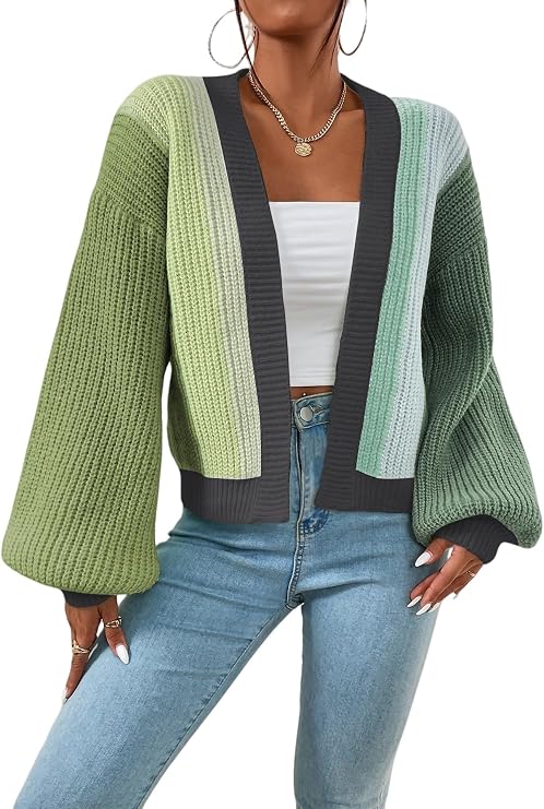 SHENHE Women's Color Block Cropped Cardigan Open Front Ribbed Knit Sweaters