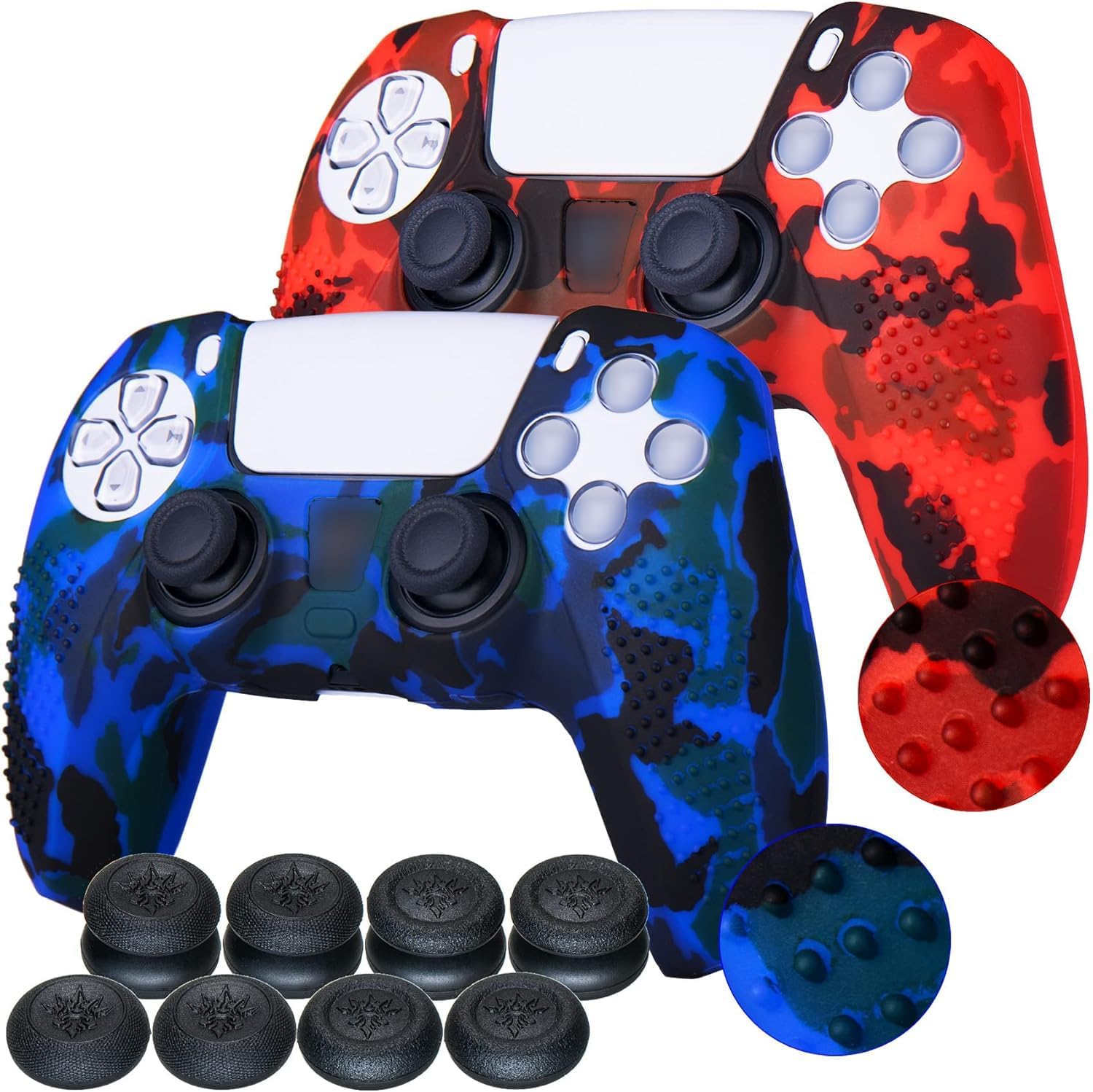 YoRHa Studded Printing Silicone Rubber Customizing Skin Cover for PlayStation 5 PS5 Dualsense Controller x 2(Red Blue) With Pro thumb grips x 8
