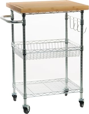 TRINITY EcoStorage Metal Wire Kitchen Cart with Wheels, Basket, Shelf, Storage Hooks, and Bamboo Cutting Board Top for Kitchen Storage and Food Preparation, 28.6” W x 20” D x 36.5” H, Chrome