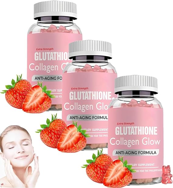 Glutathione Collagen Gummies, Glutathione Collagen Glow Gummies, Skin Brightening & Anti-Aging, Supports Hair, Skin & Nail Health, Glutathione Supplement for Women, Strawberry Flavor, 60 Count (3)