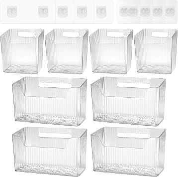 8 Pcs Storage Organizer Bins - Wall Mounted Basket in 2 Sizes, Clear Cabinet Door Stackable Adhesive Hanging Bin for Bathroom, Kitchen, Pantry