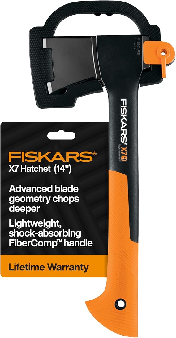 Fiskars X7 Small 14 Hatchet Axe with Sheath for Chopping Wood Kindling for Campfires, Outdoors & Camping, Insert-Molded Forged Steel Head, Low-Friction Blade, Shock Absorbing Handle & Non-Slip Grip
