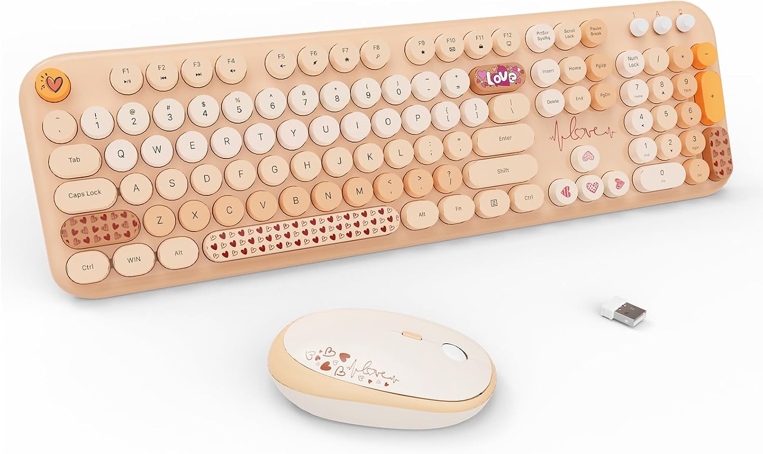 FOPETT Wireless Keyboard and Mouse Combo - 2.4G Full-Sized Cute Colorful Retro Keyboard with Round Keycaps 104 Keys Typewriter Keyboard for LaptopWindowsPC - Milk Tea Colorful