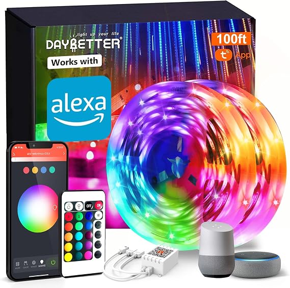 DAYBETTER Smart WiFi Led Lights 100ft, Tuya App Controlled Led Strip Lights, Work with Alexa and Google Assistant, Timer Schedule, Color Changing Led Lights for Bedroom Party Kitchen | Timer Schedule Works with Alexa and Google Music sync, RGB color changing for bedroom, kitchen, party