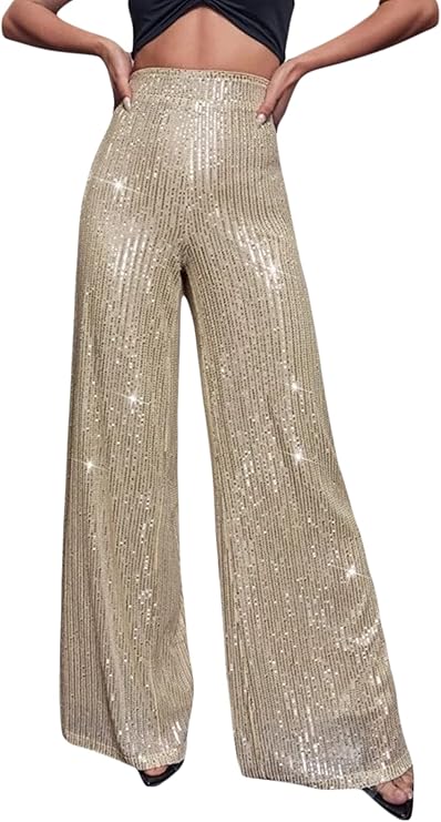 Womens Sexy Sparkly Sequin Pants Elastic High Waist Straight Wide Leg Glitter Palazzo Pants Y2K Streetwear Clubwear