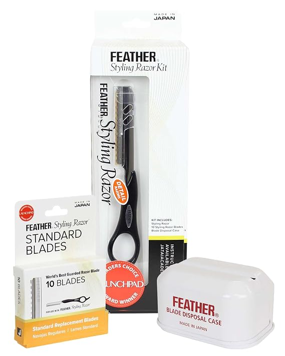Feather - Detail Razor Standard Kit Ergonomic 6 1/4 inch Black Razor Handle 10 Guarded Replacement Blades & Metal Disposable Case Hair Cutting and Grooming Japanese Stainless Steel