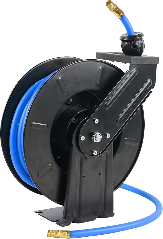 Retractable Air Hose Reel With 3/8" Inch x 50' Ft, Heavy Duty Steel Hose Reel Auto Rewind Pneumatic,Industrial Grade Rubber Hose,Black