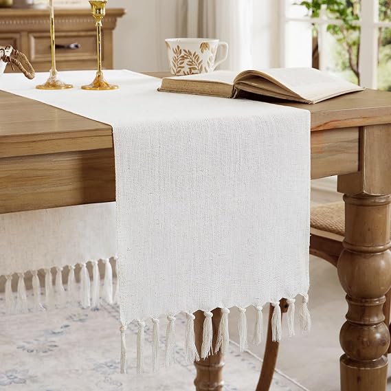 Cotton Linen Table Runner, 13x48 Inch, Off White with Hand Tassels