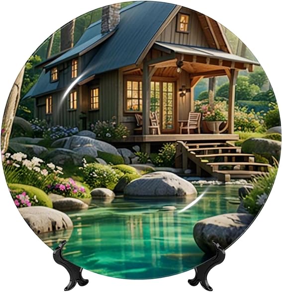 Ceramic Decorative Plate with Peaceful Haven Print,Bone China (Porcelain) Plates Decorations with Vertical Stand for Home Office Shelf Wall Decor 10in