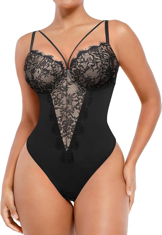 SHAPELLX Womens Lace Bodysuit for Large Bust Tummy Control Shapewear Backless Corset Top V Neck Thong Body Suits Shaper