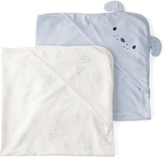 Carter's Baby Hooded Towel, Soft Absorbent Terry Bath Towels with Hood, Puppy Dog Face Ears Infant Baby Towels (2-pk Ivory/Blue)