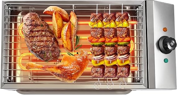 Indoor Grill, 2600W Electric, Smokeless, Even Heating, Portable, Grease Collection Tray, 122 to 572F Adjustable Temperature, Single Plate, For Family Parties, Outdoor Grilling or Commercial Use