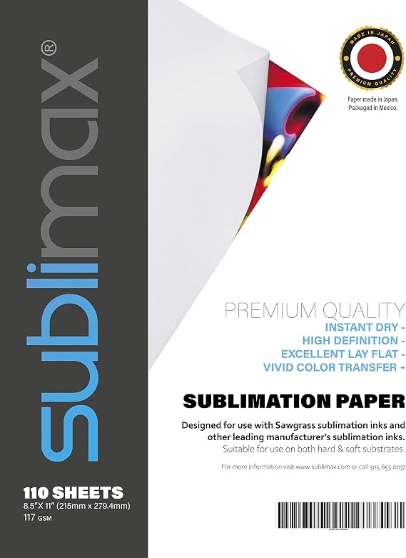 Sublimation Paper Made in Japan Size 8.5x11 inch (Pack of 110 Sheets). Ideal for Sawgrass Virtuoso SG400 and SG800 Printers and for Sublijet HD and Sublijet R Ink.