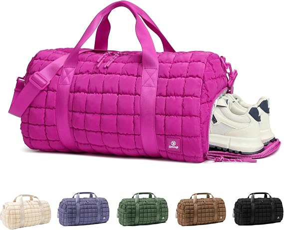 Quilted Gym Bag for Women,Duffle Bag for Travel with Wet Pocket,Carry on Weekender Bags for Women,Travel Bag with Shoe Compartment (Rose red)