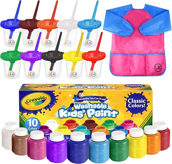 The Mega Deals Kids Painting Set - Washable Non-Toxic Finger Paints (10 Colors of 2 oz) with 10 Paint Cups, 10 Brushes, Kids Smock Mess-Free Toddler Art Supplies Painting Kit for Kids Gift Bundle
