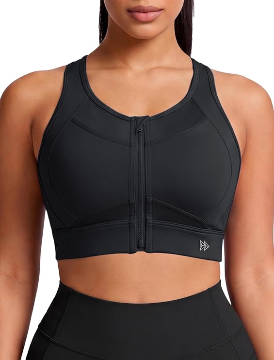 Yvette Women's Sports Bra Front Zipper High Impact Support Mesh Racerback | Plus Size Friendly,Sewn-in Pads Stay Put,Wirefree & Supportive,Breathable,Secure Zip Closure,For Large Bust,Running,Gym,HIIT
