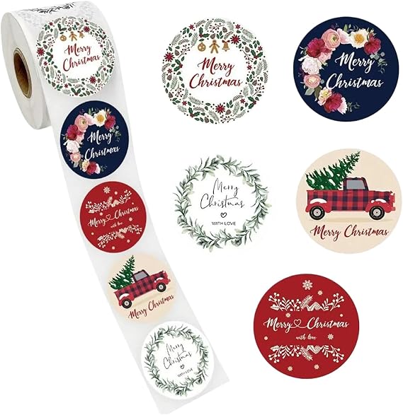 500 Pcs Christmas Stickers Roll - 1 Inch Envelope Seals Round Paper Merry Chirstmas Sticker Self Adhesive Stickers for Xmas Party Supplies, Holiday Greetings