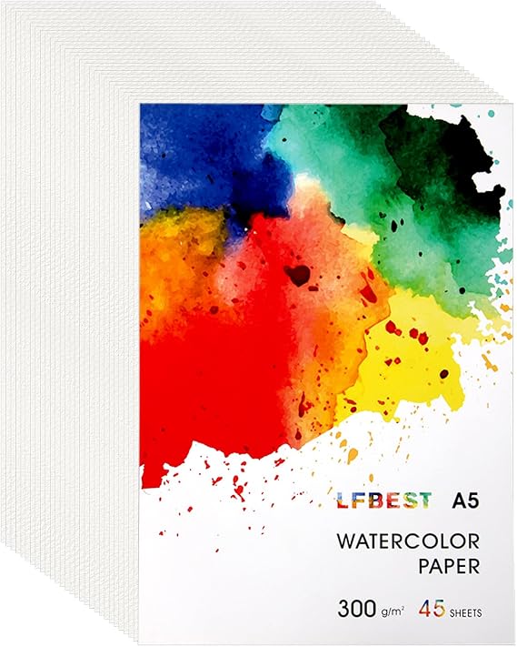 LFBEST 45 Sheets Watercolour Paper A5, Cotton Watercolour Sketchbook 140lb/300GSM Cold-Pressed, Natural White Watercolour Paper Bulk for Students, Adults, Gouache, Acrylic & Mixed Media Painting