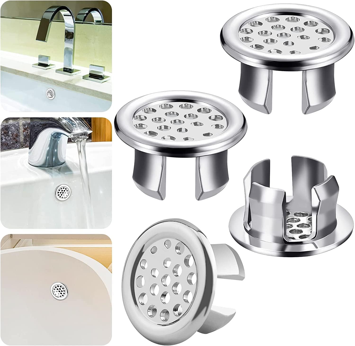 4 Pieces Sink Overflow Ring Kitchen Bathroom Sink Hole Round Overflow Cover Basin Trim Overflow Drain Cap Cover Insert in Hole Spares, 30mm Silver（Mesh-Type