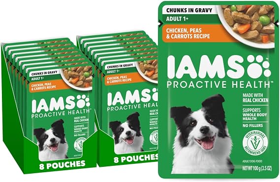 IAMS Proactive Health Adult Wet Dog Food, Chicken, Peas and Carrots Recipe, 3.5 oz. Pouch (16 Count, Pack of 1)