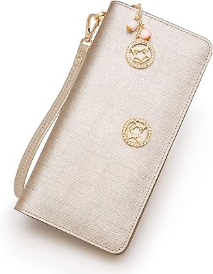 Leather Wallets for Women, Genuine Leather Gift Box Packing Ladies Fashion Clutch Bifold Wallet with Zipper Coin Pocket Womens Casual Zip Around Long Purses with Wristlet Credit Card Holder Gold