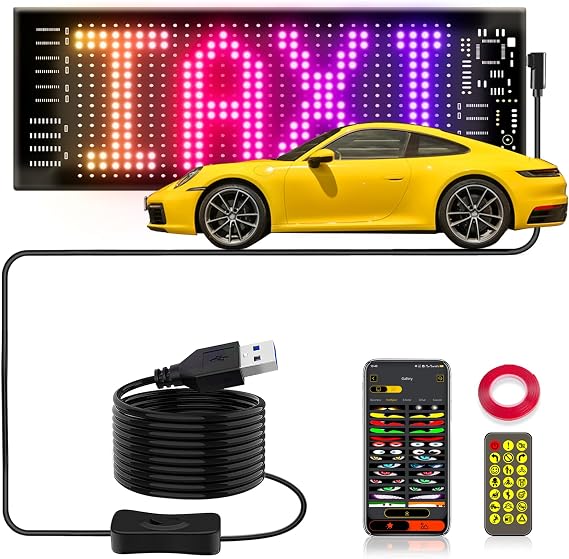 Led Sign for Car Windshield, Programmable LED Scrolling Flexible Screen Digital Display, APP Control, Advertising LED Sign with Remote, DIY Pattern Animation (Black, 3"x7")
