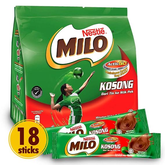 NESTLE MILO Chocolate Powder - Instant Malt Chocolate Milk Powdered Drink, ORIGINAL - On The Go Fortified Powder Energy Drink - Less Sweet than Milo 3 in 1 - Imported from Malaysia, 18 Sticks