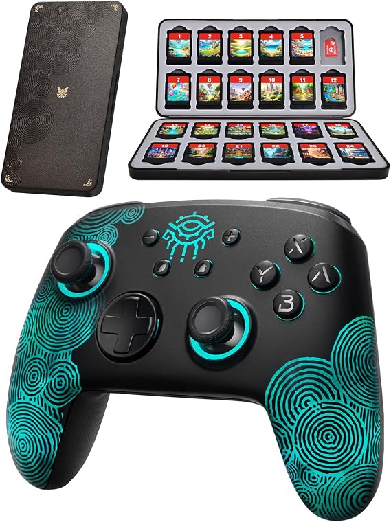 FUNLAB FireflyTM [Luminous Pattern] Switch Pro Controller Wireless with Switch Game Case, Switch Game Holder Cartridge Case with 24 Game Card Storage