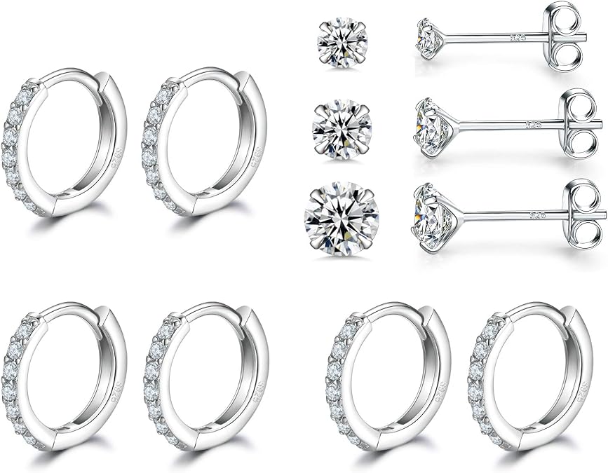 Dlihc 6 Pairs Sterling Silver Hoop and Stud Earrings Set for Women Men | Cubic Zirconia, 14K White Gold Plated, Hypoallergenic, Small Hoops and Studs