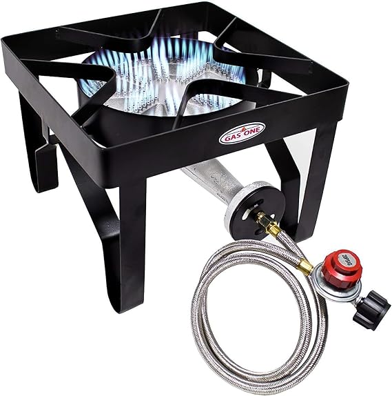 GasOne 200K BTU Propane Burner Heavy-Duty Propane Stove Outdoor Burner with Adjustable 0-20Psi Regulator and Steel Braided Hose Ideal for Home Brewing, Turkey Fry