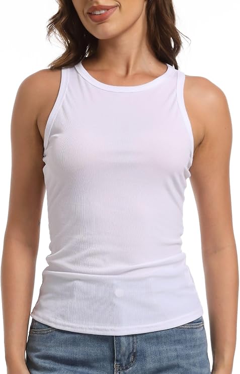 Womens Cute Sleeveless Racerback High Neck Casual Ribbed Tank Top