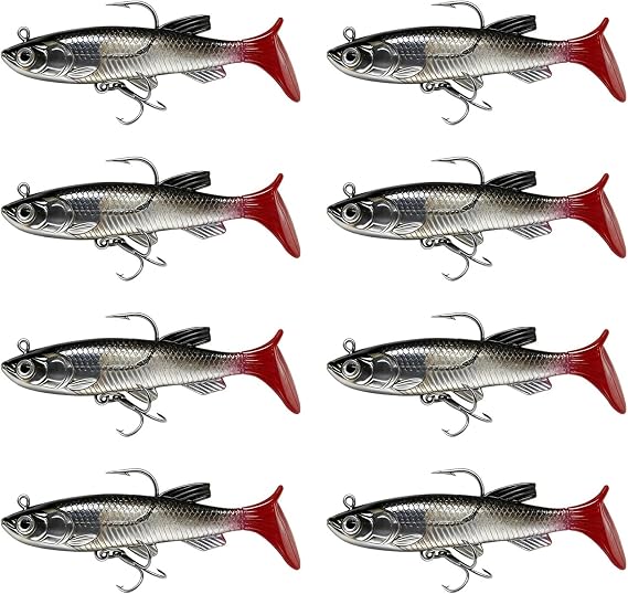 8PCS Soft Plastic Fishing Lures, 8cm Jig Heads T-Tail Swimbaits Sea Bass