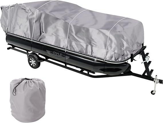 Universal Boat Adjustable Storage Cover - 17'-20'L to 96 Pontoon Boats Protection Custom Heavy Duty Waterproof Weather Resistant Polyester Fabric, Snap Strap, Elastic Cord, Bag - Pyle PCVHP440