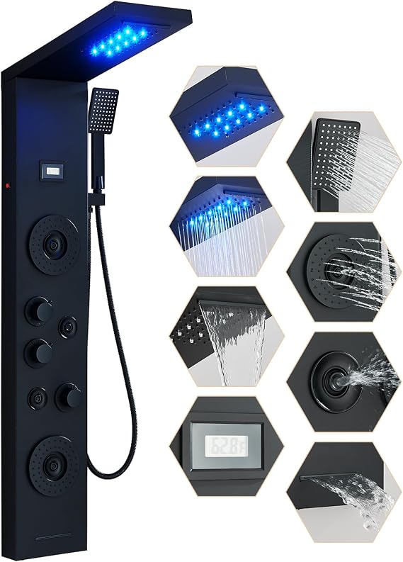Black Shower Panel with LED Waterfall Rainfall Shower Head Full 2 Body Sprays 4 Mist Jets Contemporary Shower Faucet Stainless Steel Shower Panel Tower System Wall Mounted