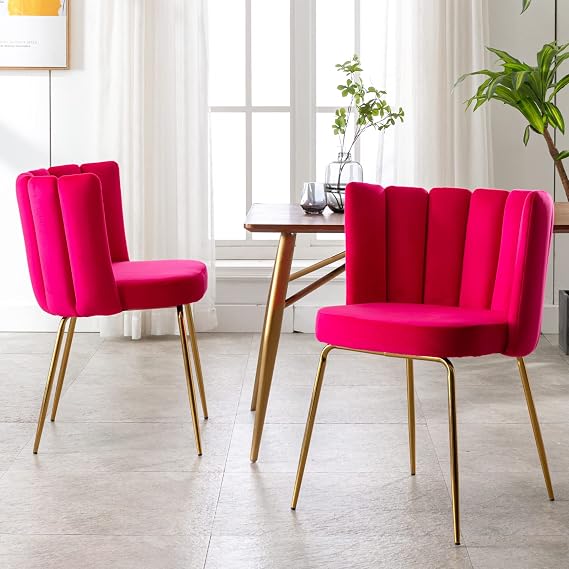 Velvet Dining Chairs Set of 2 Upholstered Gold Metal Legs Hot Pink Mid Century Modern Accent Chair for Living Room Kitchen Dining Room, Hot Pink