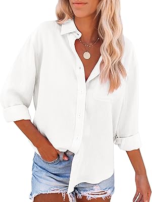 siliteelon Womens Button Down Shirts Cotton Dress Shirts Long Sleeve Blouses V Neck Tops with Pockets Solid Casual Tunics