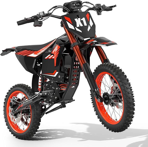 QRONGE Electric Dirt Bike for Teens Adults, Mid-Drive Motor 4500W Peak, E-Dirt Bike 60V28.8Ah Battery, 60 Mile Range, 50MPH, Full Suspension and Dual Hydraulic Brakes Electric Motorcycle(X1 Spark-M)