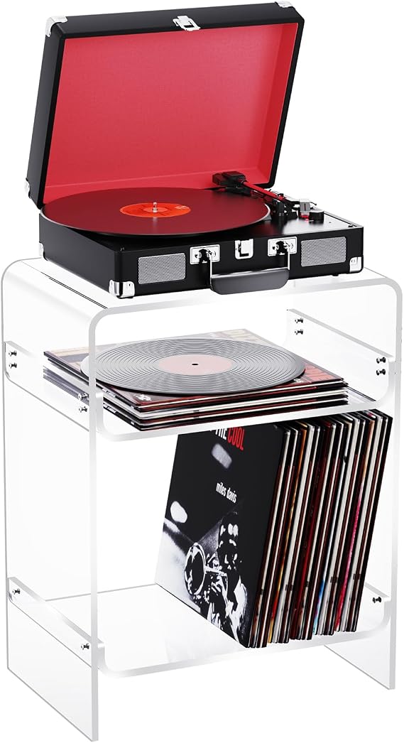 Acrylic Record Player Stand Side Table with Shelf Clear Turntable Cabinet Transparent Bedside Table (Transparent 30 x 45 x 58 cm)