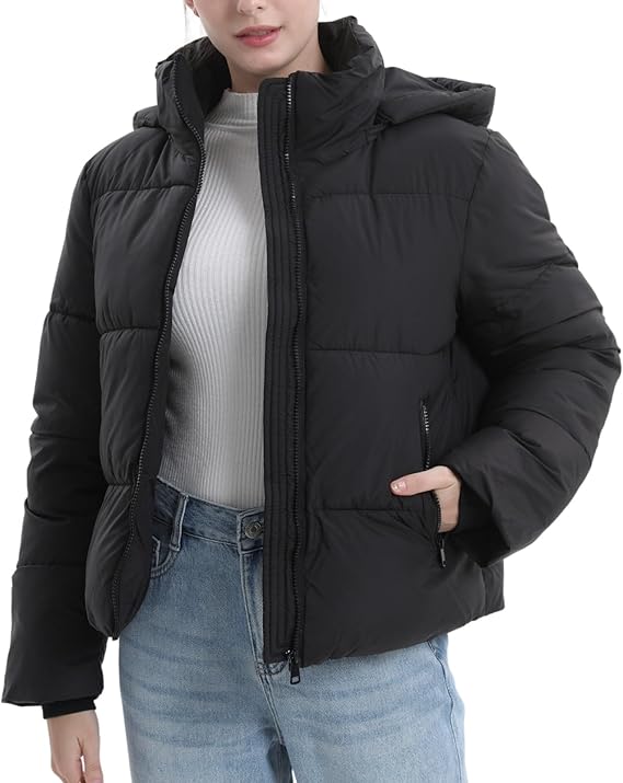 PUFFIT Women Puffer Jacket Hood Winter Water Repellent Wind-resistant Ladies Classic Quilted Padded Coat Big Pocket