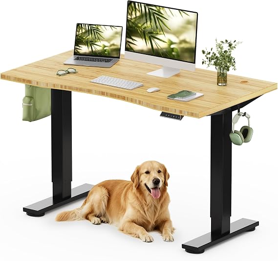 FLEXISPOT Solid Wood Standing Desk, One-Piece Real Wood Desktop, Electric Height Adjustable Desk for Home Office, 176 LBS Capacity 48x24 Curved Bamboo, Black Frame