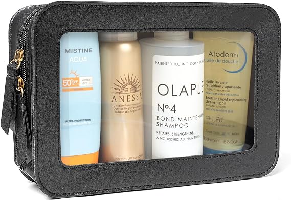 LETGO Clear Beach Makeup Bags, TSA Approved Toiletry Bag with Zipper, Clear Makeup Organizer Fit Carry-on Travel Car Accessories Essentials,Portable Travel Small Pouch for Women Men (Black)