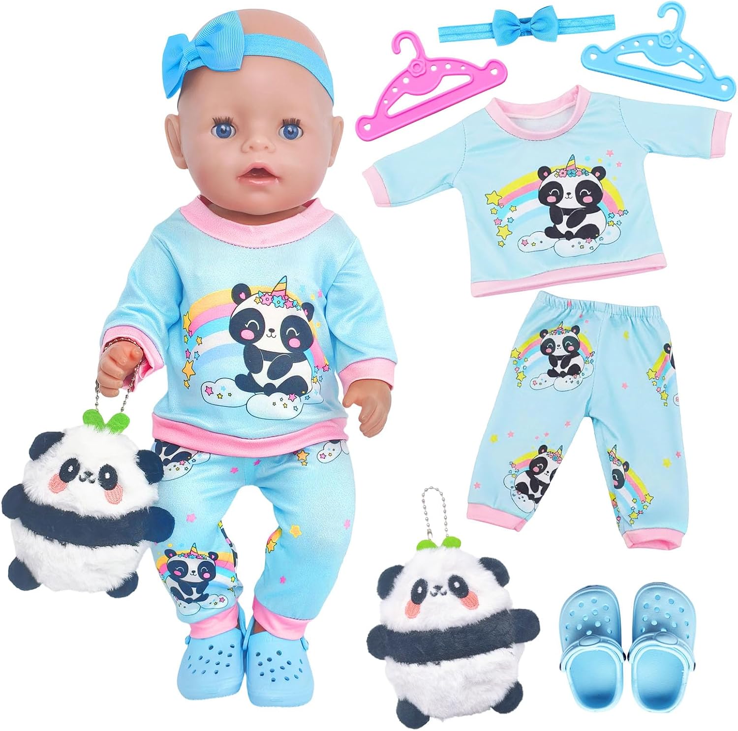 7Pcs Baby Doll Clothes for 14-18inch Doll 30-45cm Baby Doll, Blue Panda Long-Sleeved top with Pants Headwear Crocs Doll Keychain 2 hanger for Kids Friends Girls Birthday Sweet Cartoon Doll Clothes