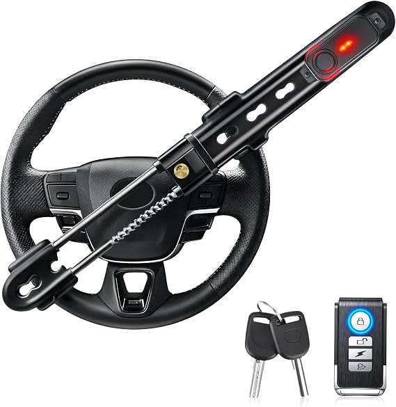 Steering Wheel Lock with 113dB Alarm, EXTRACTME Heavy Duty Wireless Remote Anti-Theft Car Device, Car Security Adjustable Car Lock Car Alarm System for Vehicle Auto Truck Van SUV with 2 Keys (Black)