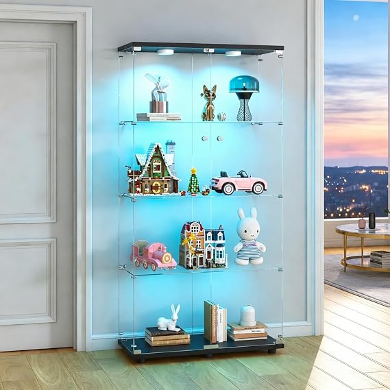 Kiivakii 4-Tier Glass Display Cabinet with Lights, Black, Double Door | Curio Cabinet with Lockable Glass Doors, Glass Cabinet Display Case for Collectibles, Living Room, Bedroom
